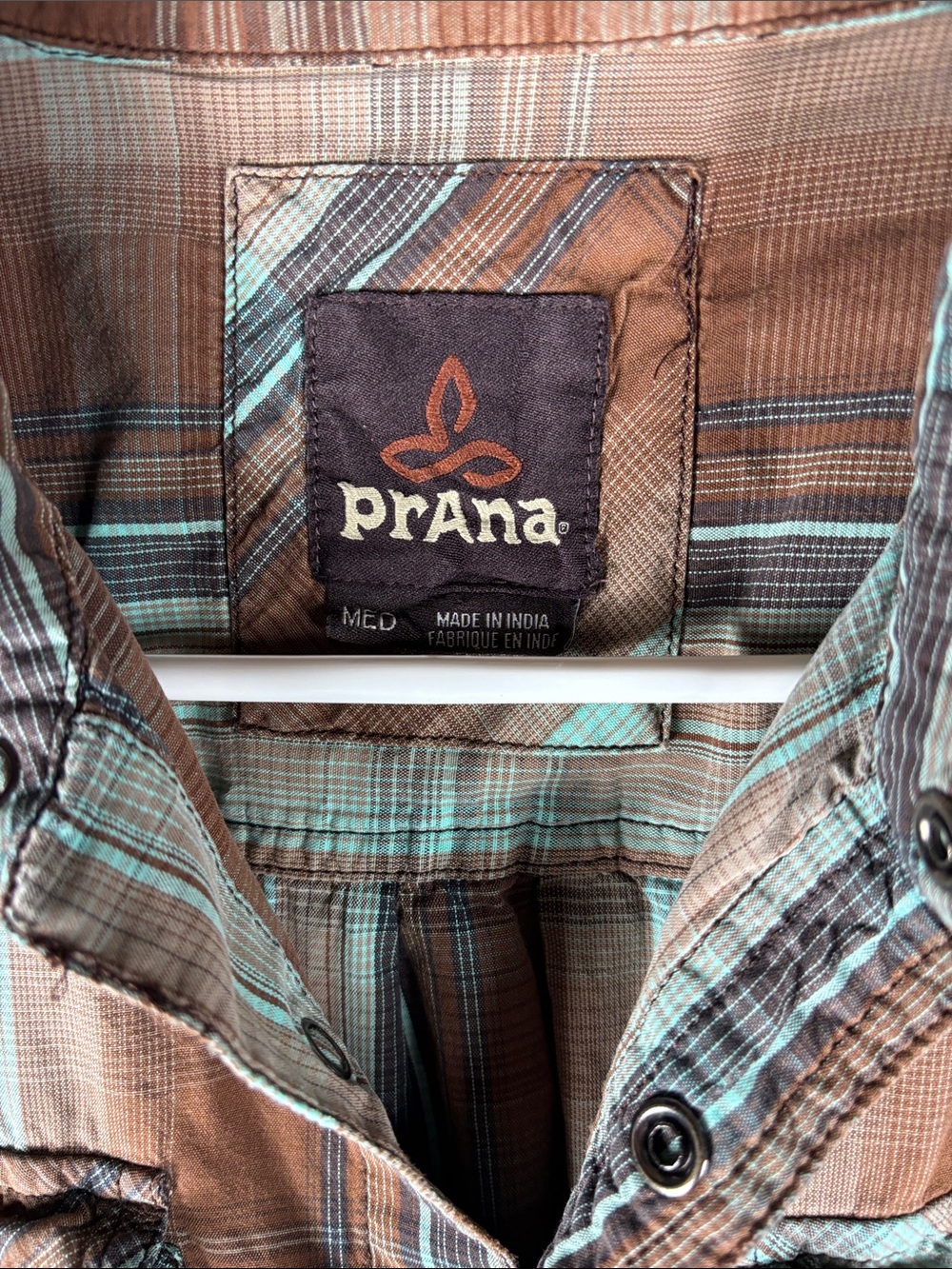 Prana > Brown and Teal Plaid Short-Sleeve Button-Down Shirt Medium - Picture 3 of 8